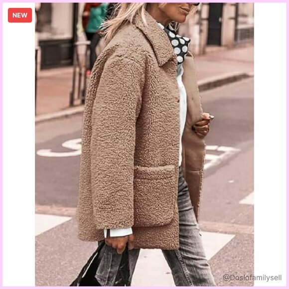 Faux Fur Sherpa Jacket Lapel Button Down Pockets Cozy Chic Outerwear - Picture 5 of 8